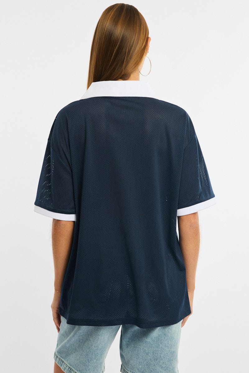 Blue Sport Tee Collar Short Sleeve for Ally Fashion