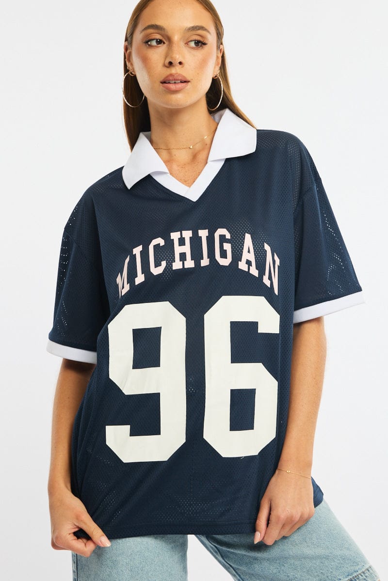 Blue Sport Tee Collar Short Sleeve for Ally Fashion