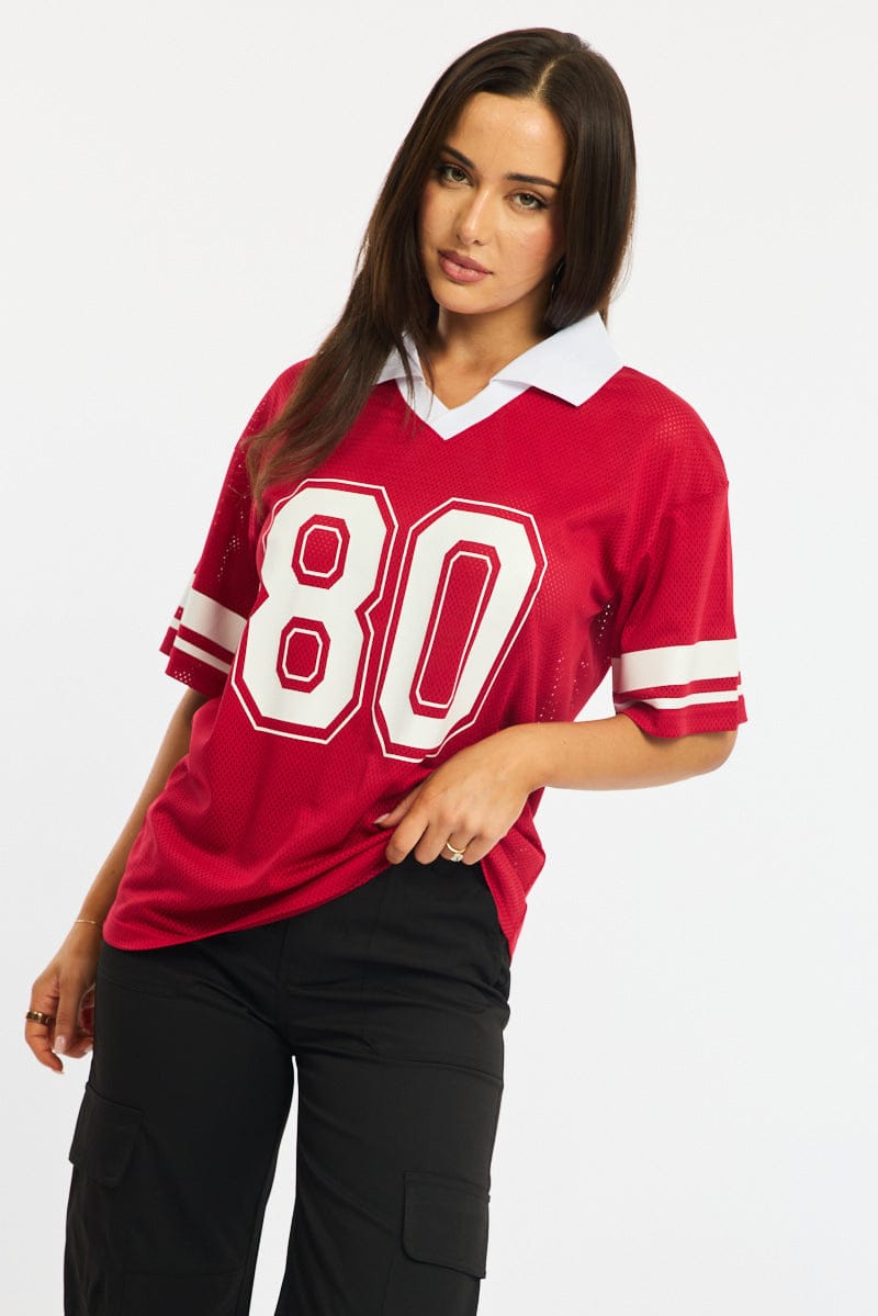 Red Sport Tee Collar Short Sleeve for Ally Fashion