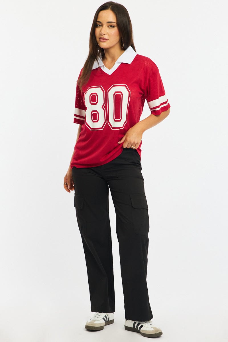 Red Sport Tee Collar Short Sleeve for Ally Fashion