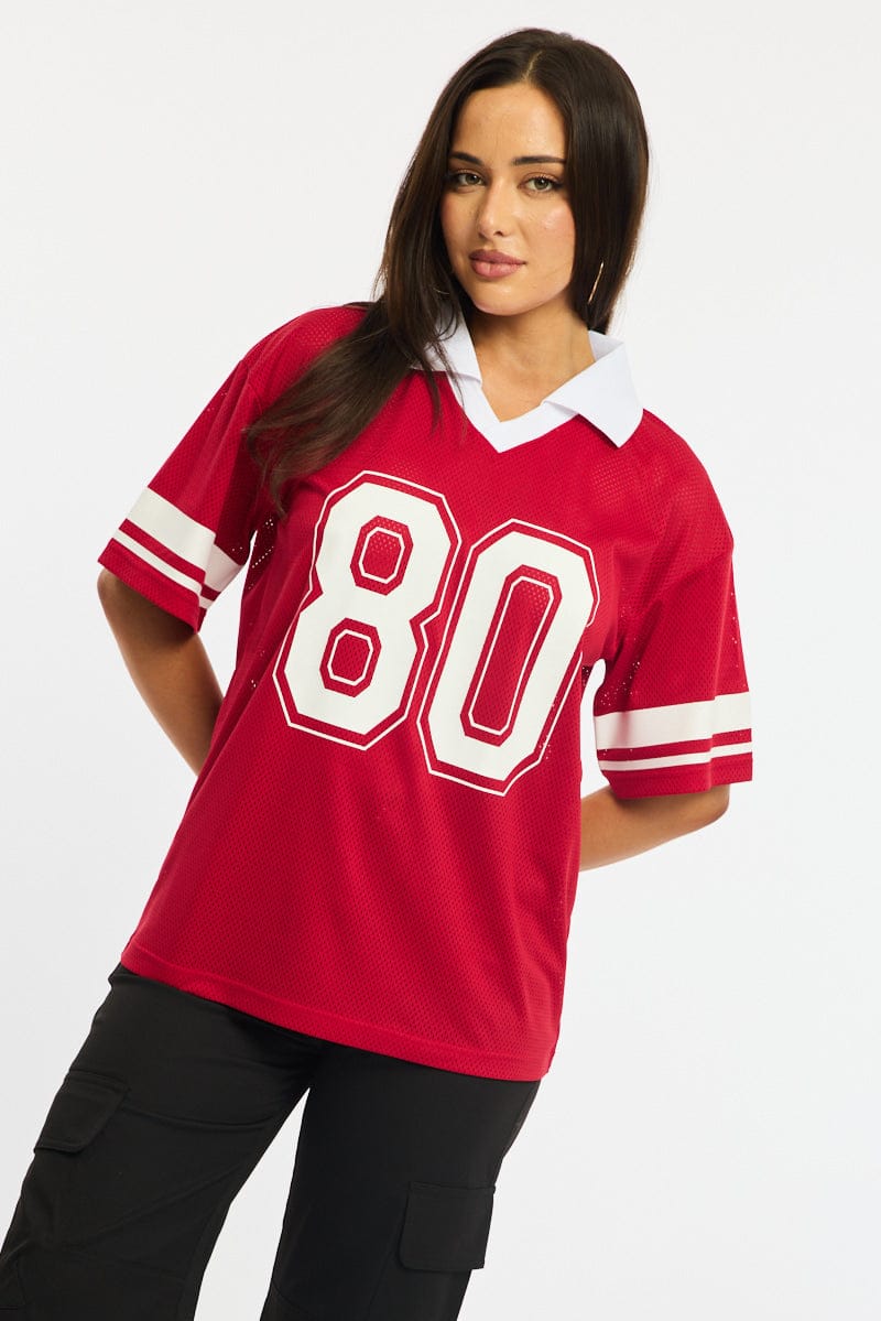 Red Sport Tee Collar Short Sleeve for Ally Fashion