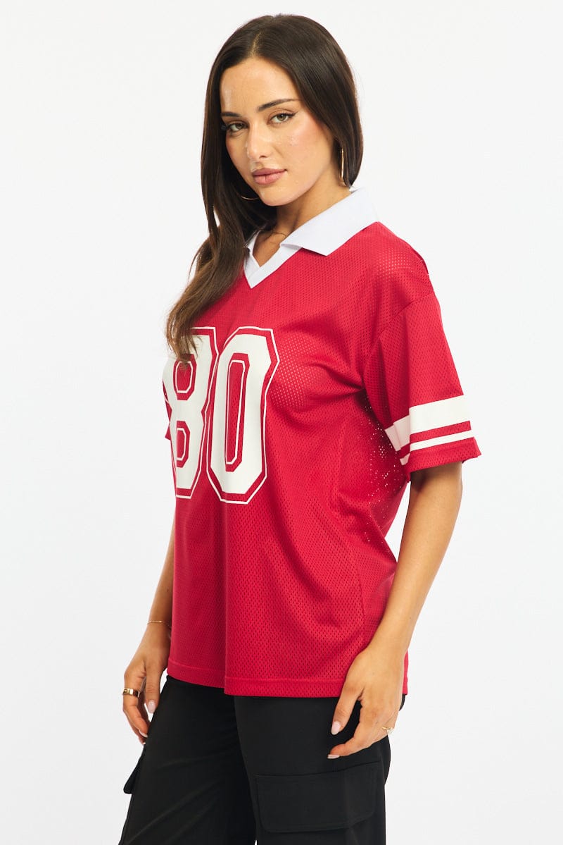 Red Sport Tee Collar Short Sleeve for Ally Fashion