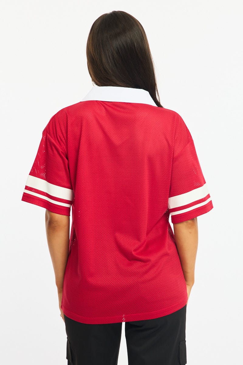 Red Sport Tee Collar Short Sleeve for Ally Fashion