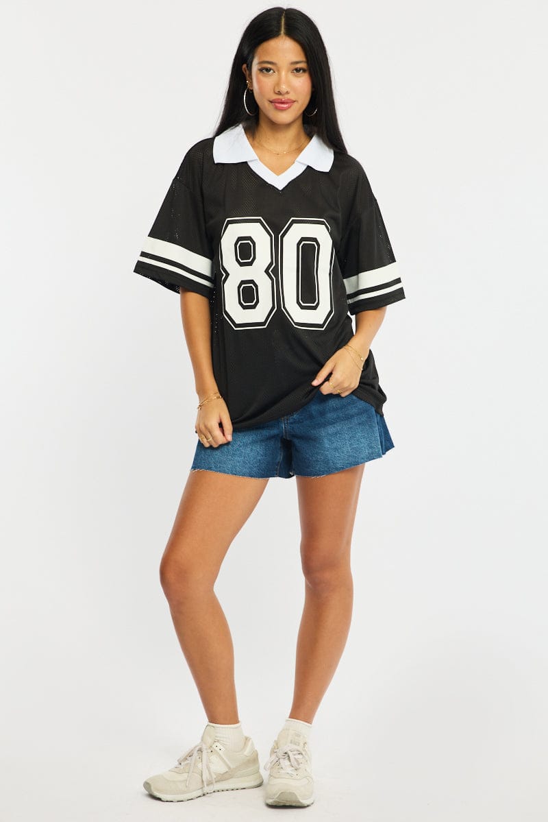 Black Sport Tee Collar Short Sleeve for Ally Fashion