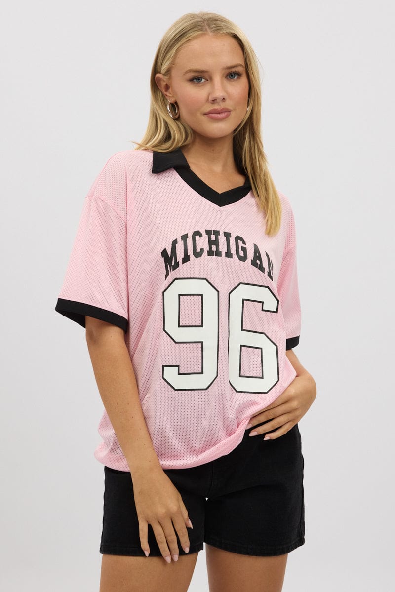 Pink Sport Tee Collar Short Sleeve for Ally Fashion