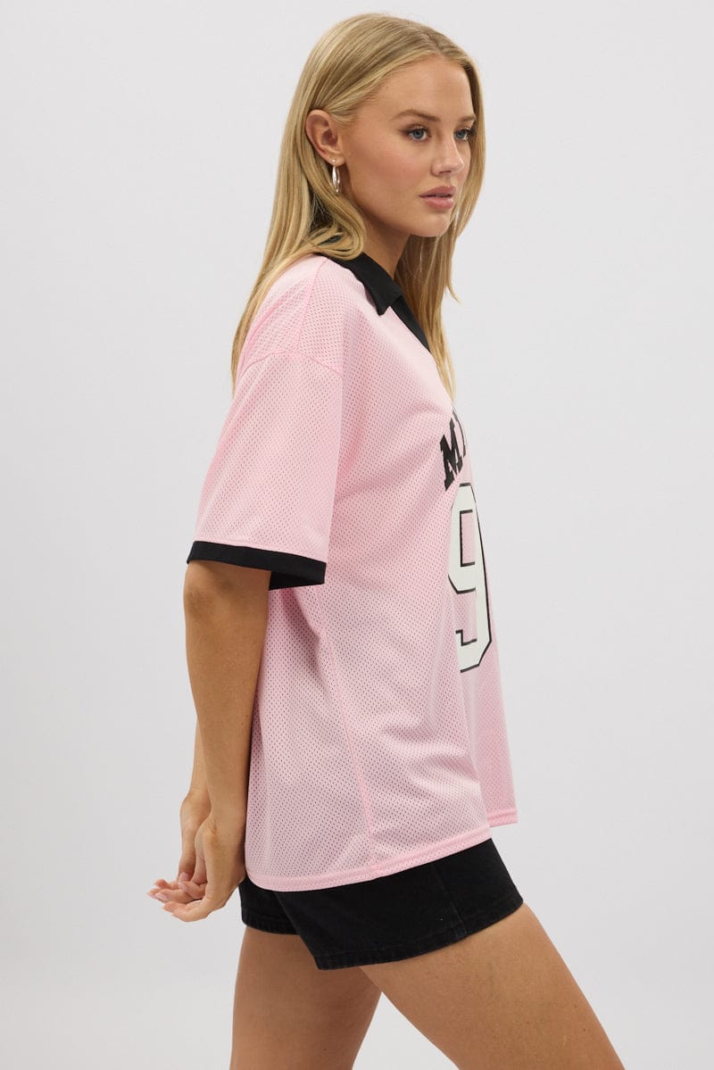 Pink Sport Tee Collar Short Sleeve for Ally Fashion