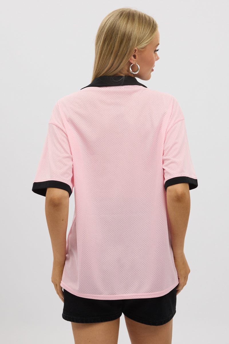 Pink Sport Tee Collar Short Sleeve for Ally Fashion