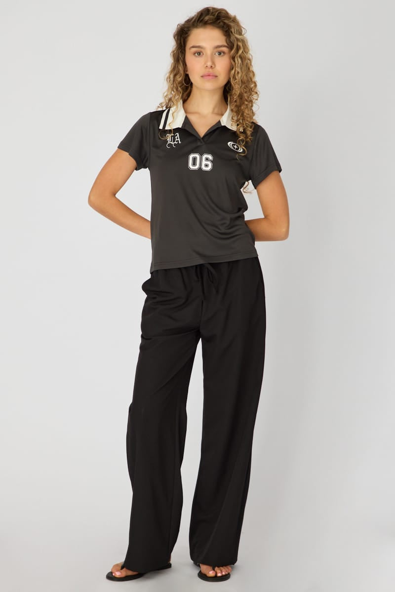 Black Collared Neck Relaxed Fit Short Sleeve Graphic Tee for Ally Fashion