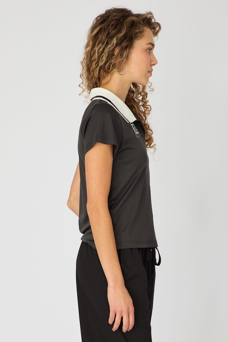 Black Collared Neck Relaxed Fit Short Sleeve Graphic Tee for Ally Fashion