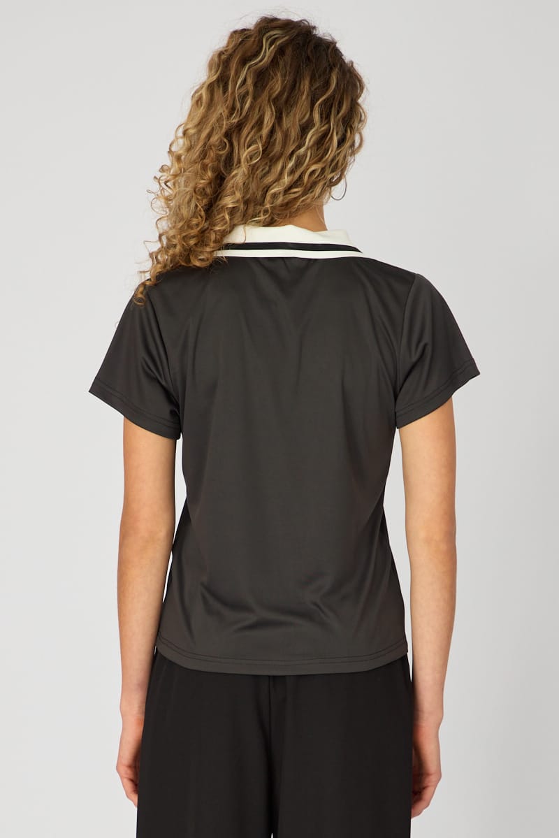 Black Collared Neck Relaxed Fit Short Sleeve Graphic Tee for Ally Fashion