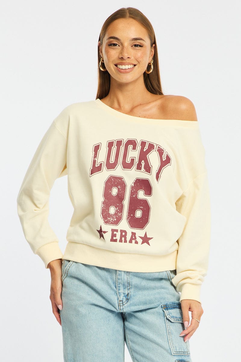 White Long Sleeve Off The Shoulder Graphic Sweater for Ally Fashion