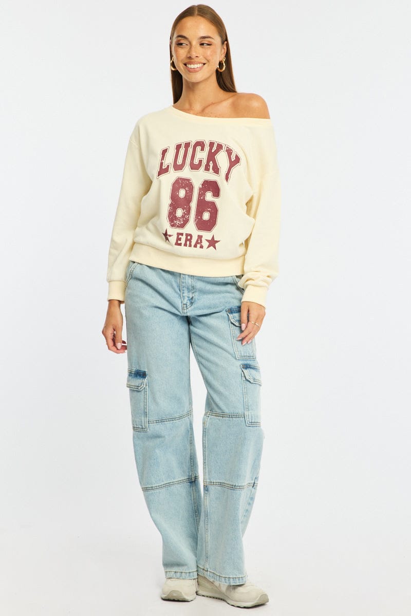 White Long Sleeve Off The Shoulder Graphic Sweater for Ally Fashion