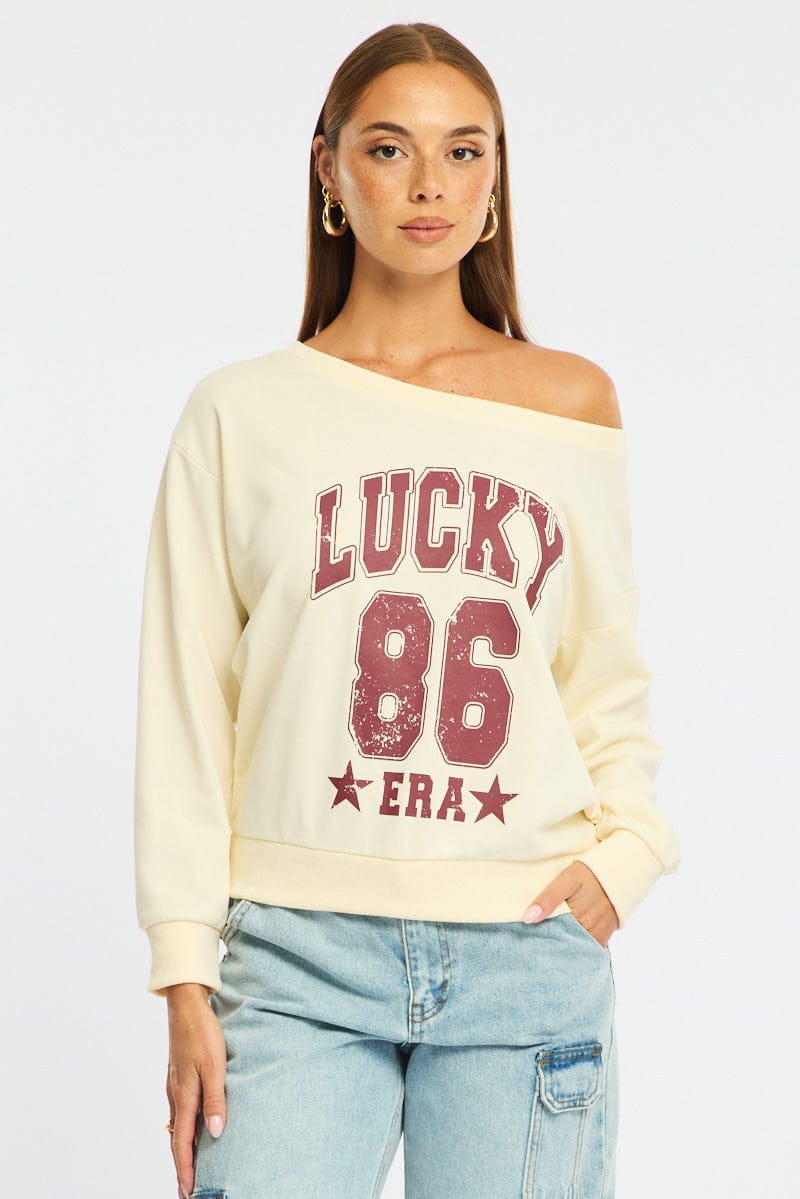 White Long Sleeve Off The Shoulder Graphic Sweater for Ally Fashion