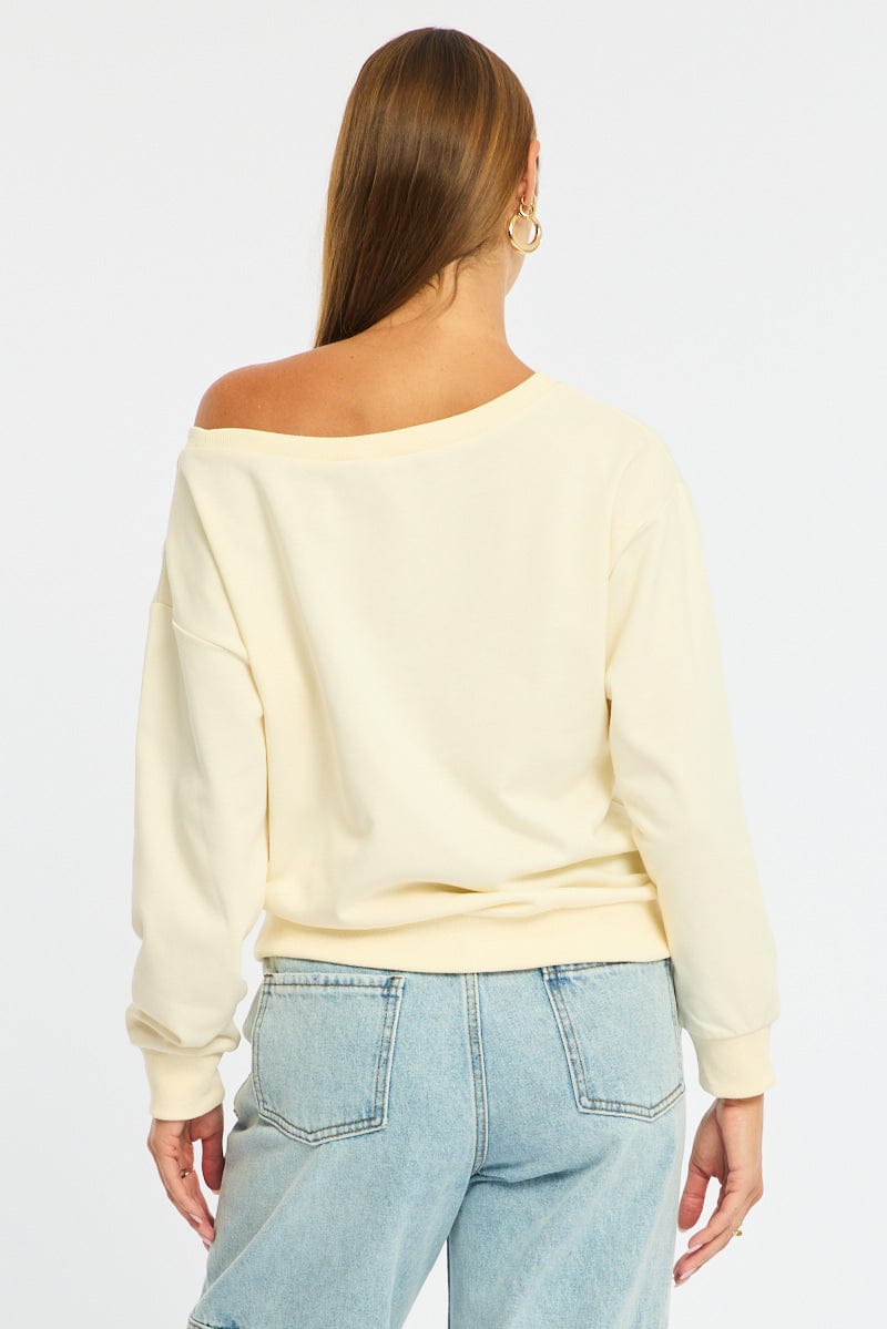 White Long Sleeve Off The Shoulder Graphic Sweater for Ally Fashion