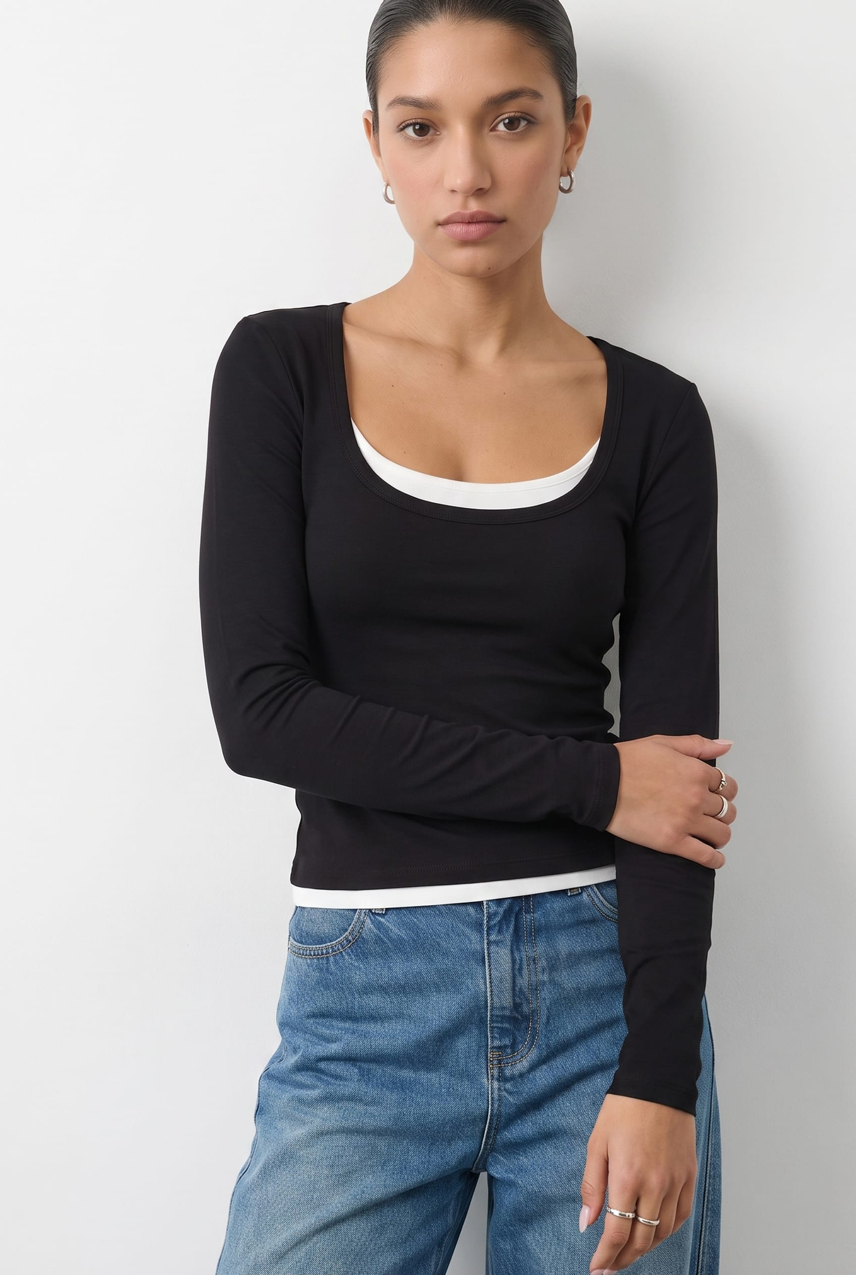 Black Layered Scoop-Neck Long-Sleeve Top from Ally Fashion