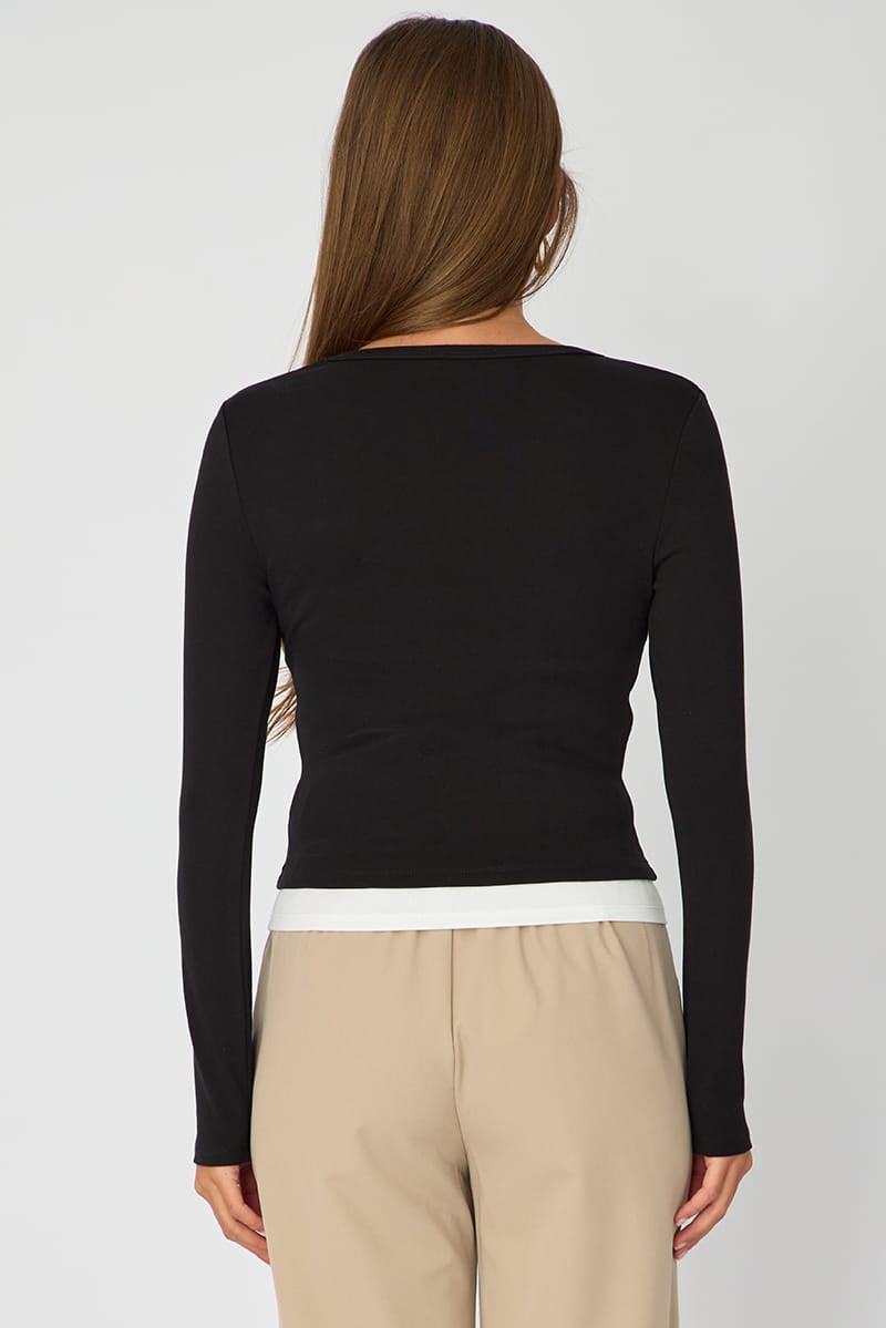 Black Layered Scoop Neck Long Sleeve Top for Ally Fashion