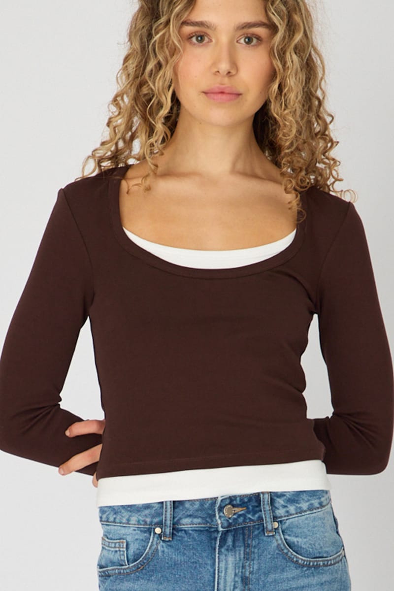 Brown Layered Scoop Neck Long Sleeve Top for Ally Fashion