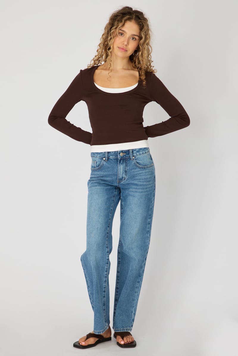 Brown Layered Scoop Neck Long Sleeve Top for Ally Fashion