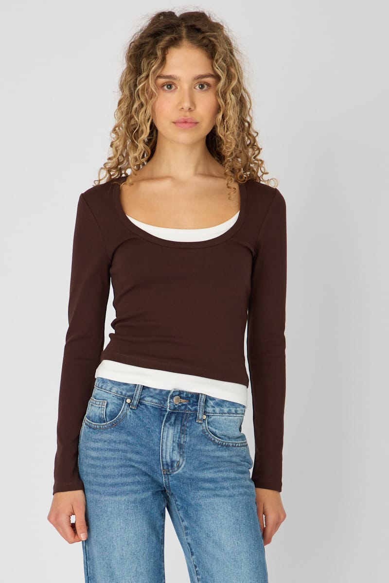 Brown Layered Scoop Neck Long Sleeve Top for Ally Fashion