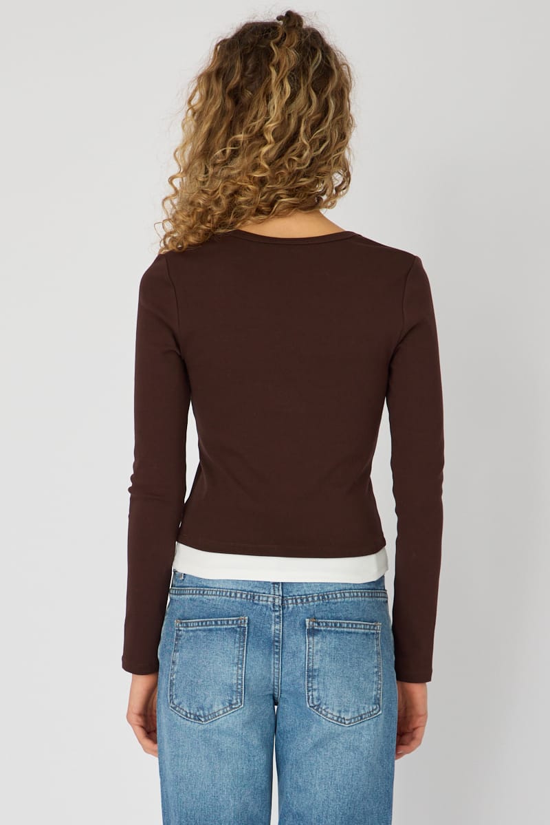 Brown Layered Scoop Neck Long Sleeve Top for Ally Fashion