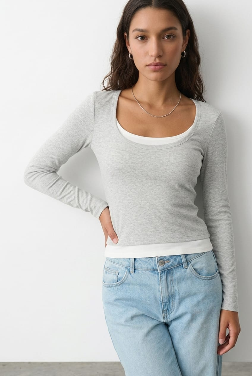 Grey Layered Scoop-Neck Long-Sleeve Top from Ally Fashion