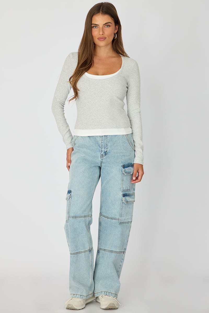 Grey Layered Scoop Neck Long Sleeve Top for Ally Fashion