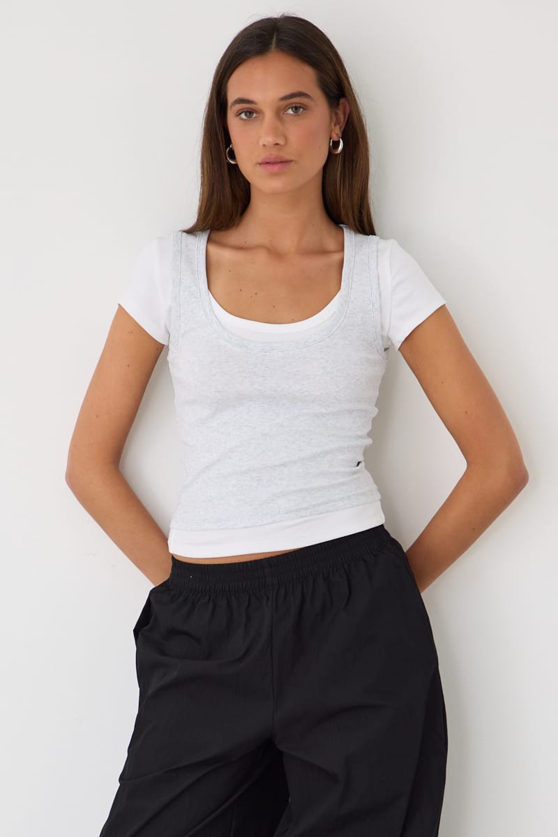 Grey Layered Tank Scoop Neck Sleeveless for Ally Fashion