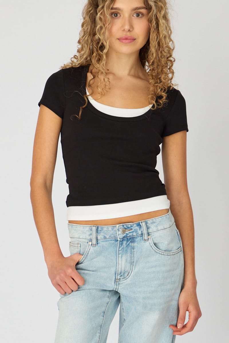 Black Layered Scoop Neck Short Sleeve Top for Ally Fashion