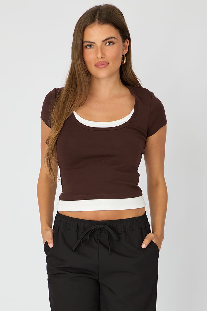 Brown Layered Scoop Neck Short Sleeve Top for Ally Fashion