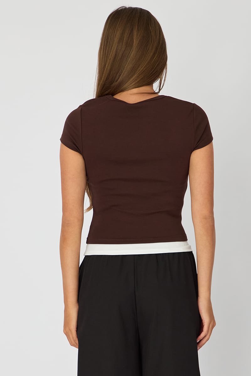 Brown Layered Scoop Neck Short Sleeve Top for Ally Fashion