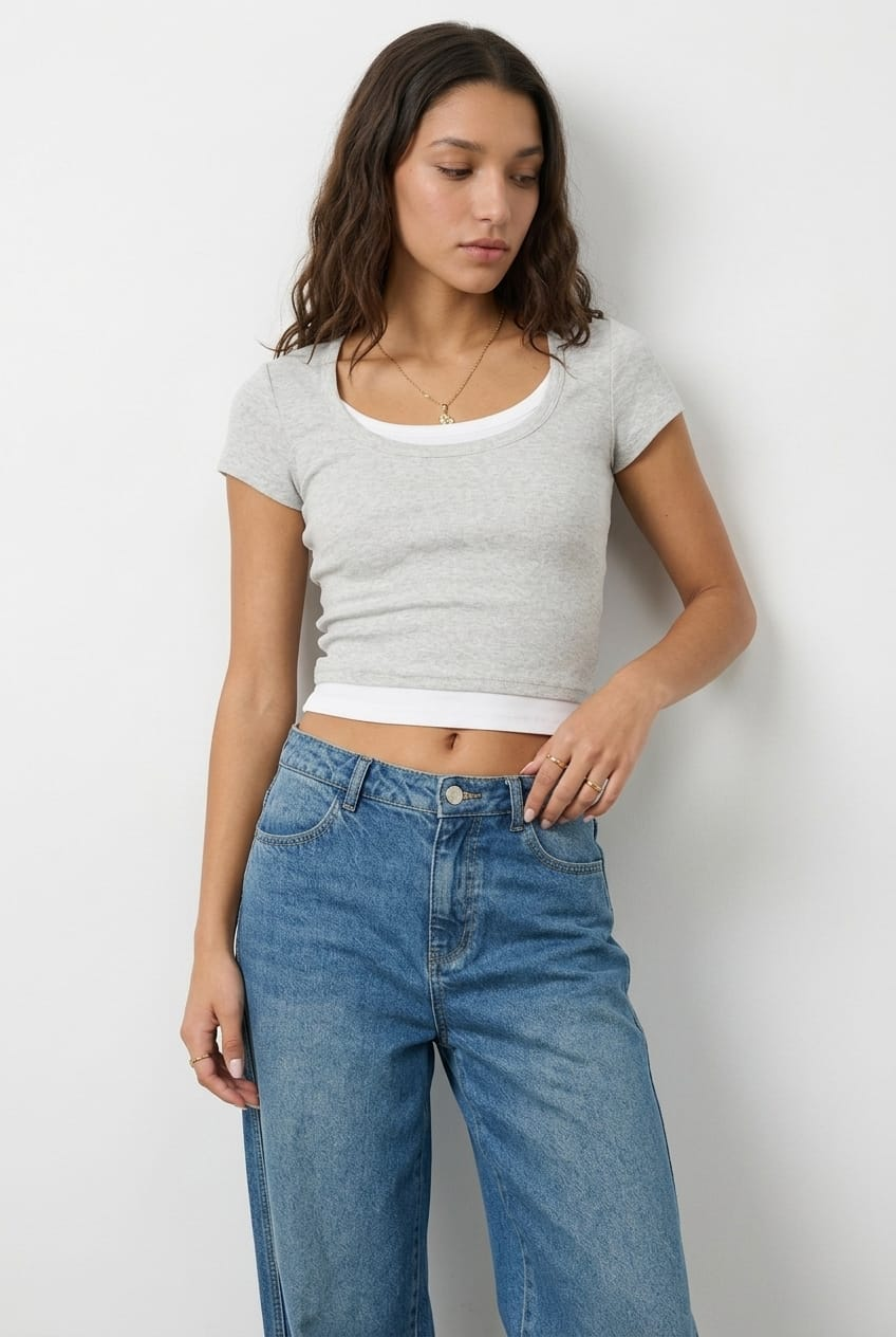 Grey Layered Scoop Neck Short Sleeve Top for Ally Fashion