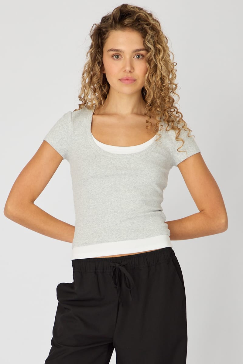 Grey Layered Scoop Neck Short Sleeve Top for Ally Fashion
