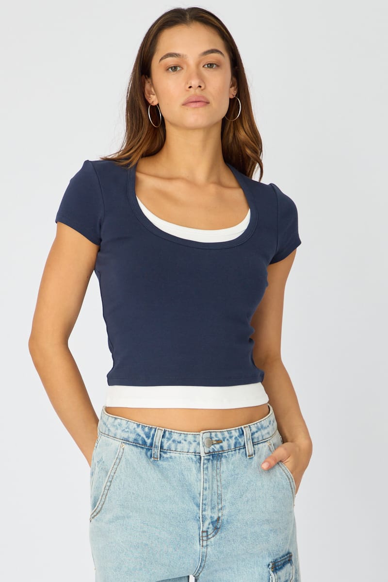 Blue Layered Scoop Neck Short Sleeve Top for Ally Fashion