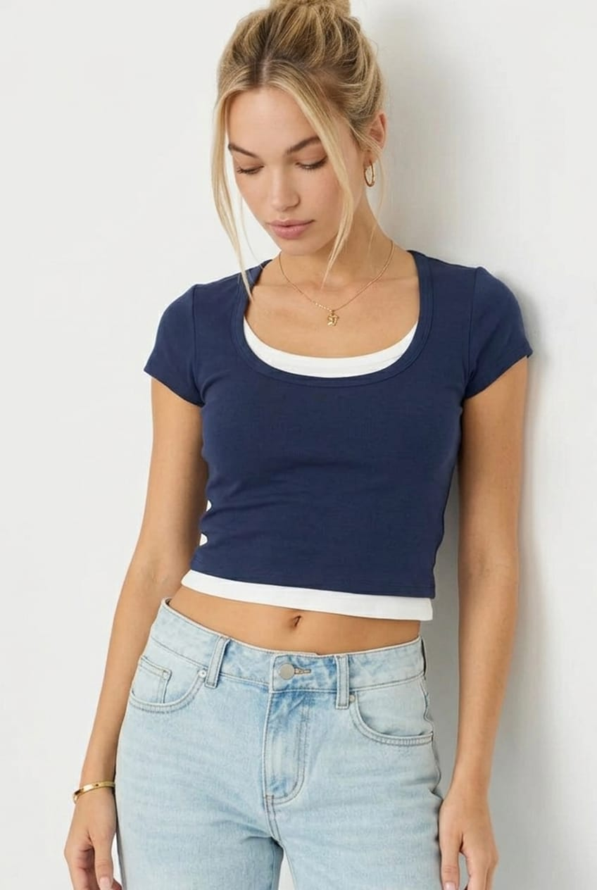 Blue Layered Scoop Neck Short Sleeve Top for Ally Fashion