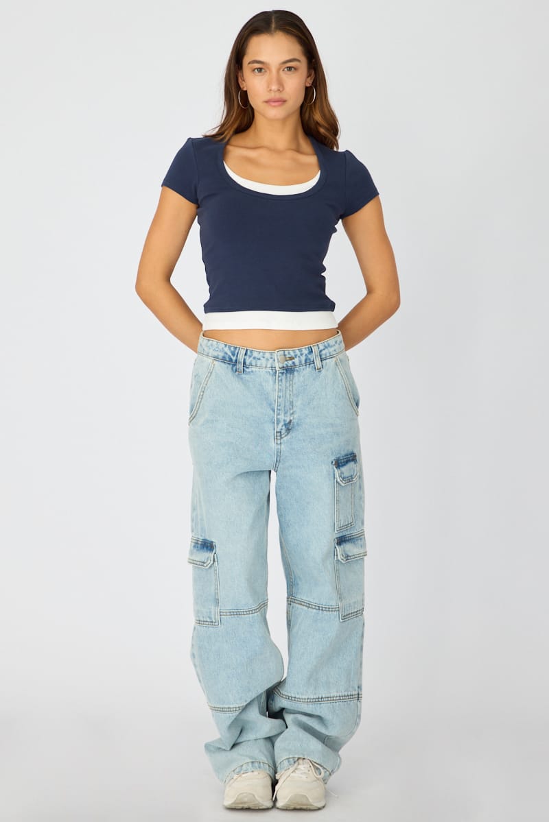 Blue Layered Scoop Neck Short Sleeve Top for Ally Fashion