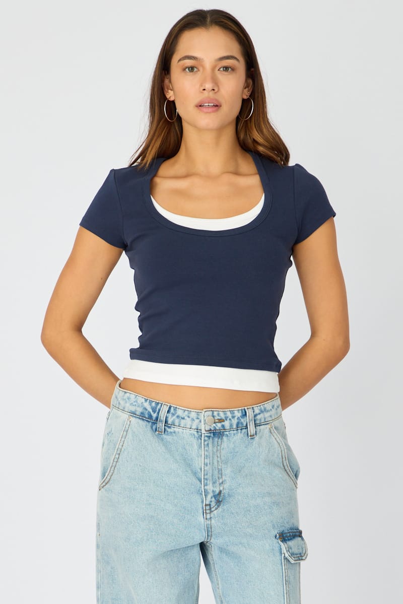 Blue Layered Scoop Neck Short Sleeve Top for Ally Fashion