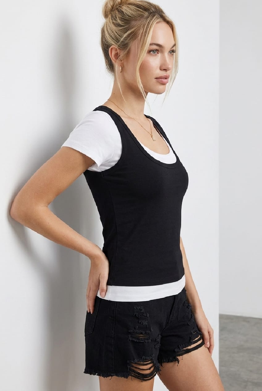 Black Layered Top Scoop Neck Short Sleeve for Ally Fashion