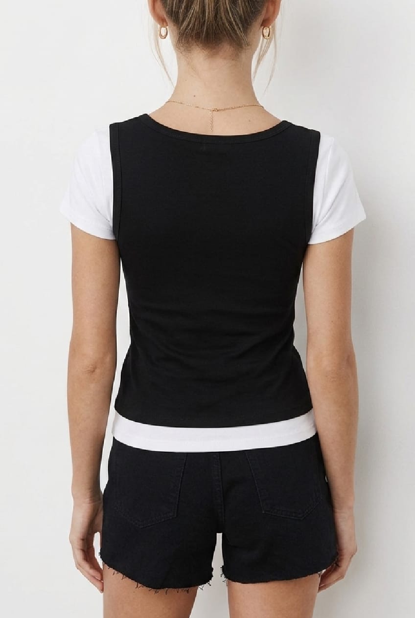 Black Layered Top Scoop Neck Short Sleeve for Ally Fashion