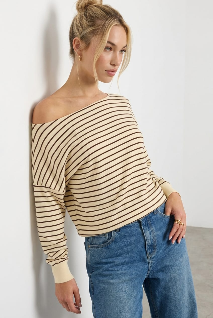 White Stripe Long Sleeve Off Shoulder Top for Ally Fashion