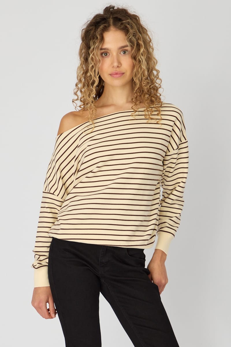 White Stripe Long Sleeve Off Shoulder Top for Ally Fashion