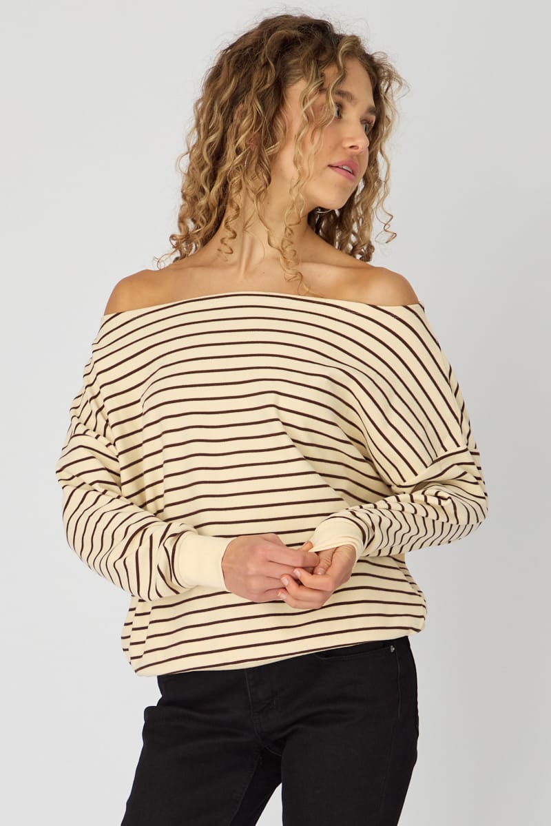 White Stripe Long Sleeve Off Shoulder Top for Ally Fashion
