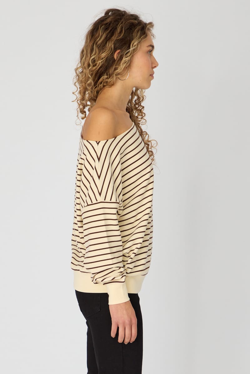 White Stripe Long Sleeve Off Shoulder Top for Ally Fashion