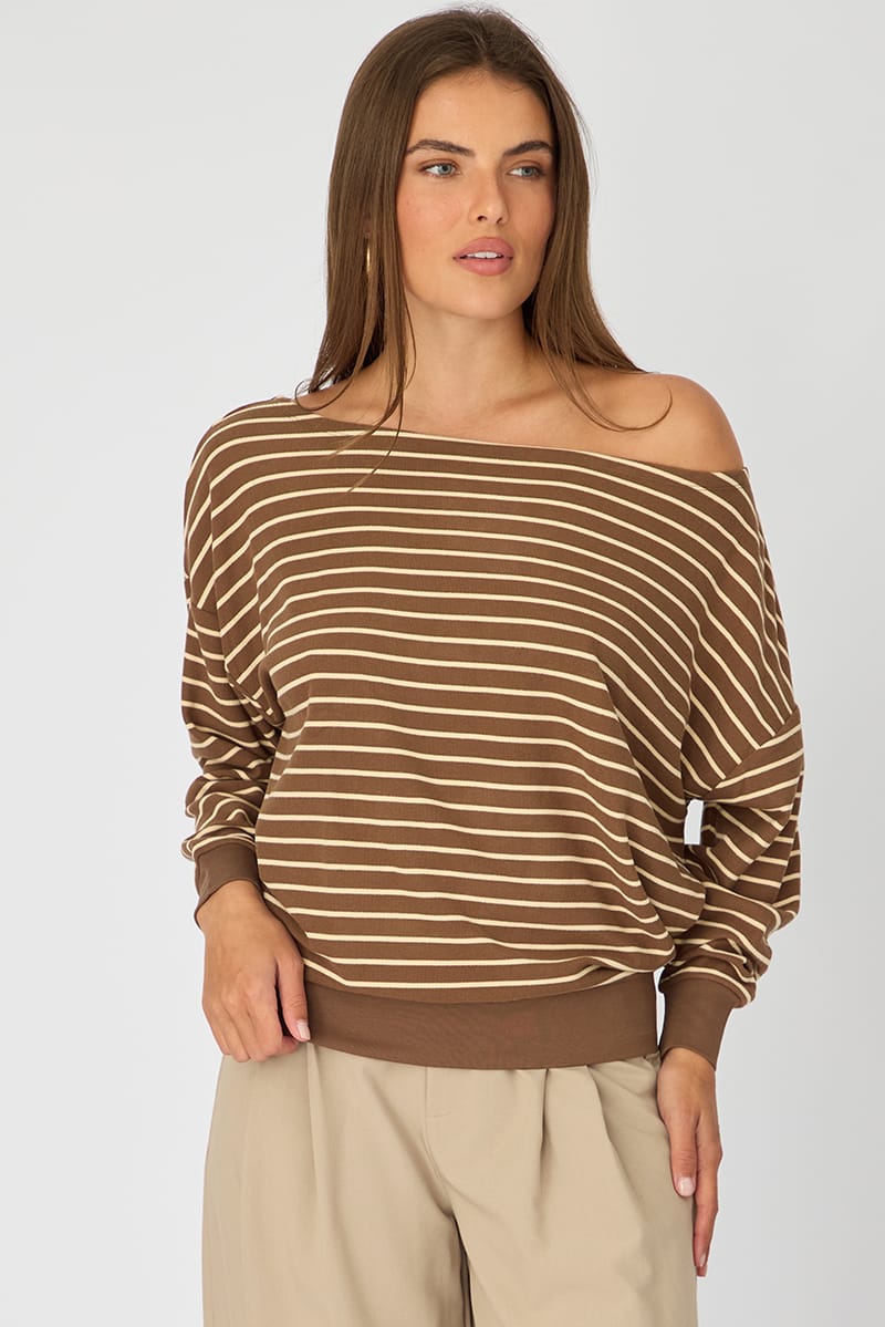 Brown Stripe Off Shoulder Long Sleeve Top for Ally Fashion