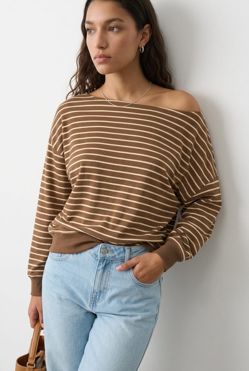 Brown Stripe Off Shoulder Long Sleeve Top for Ally Fashion