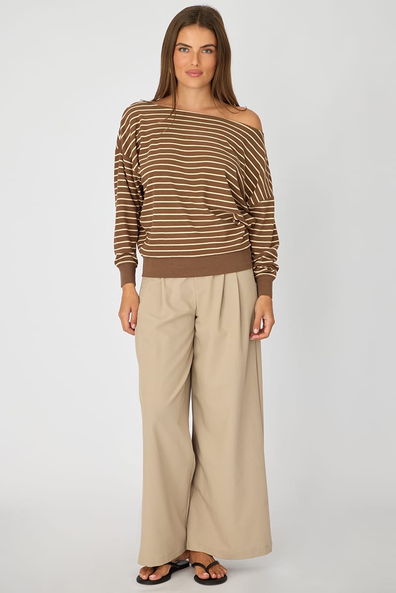 Brown Stripe Off Shoulder Long Sleeve Top for Ally Fashion