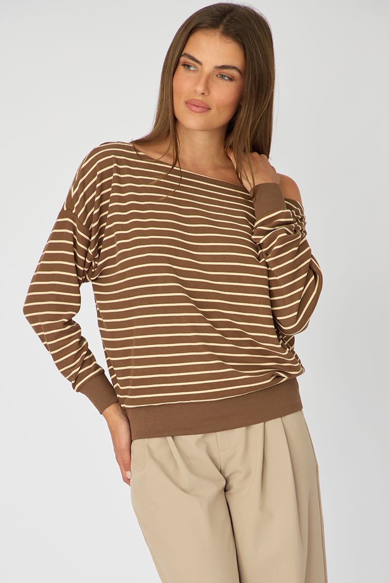 Brown Stripe Off Shoulder Long Sleeve Top for Ally Fashion