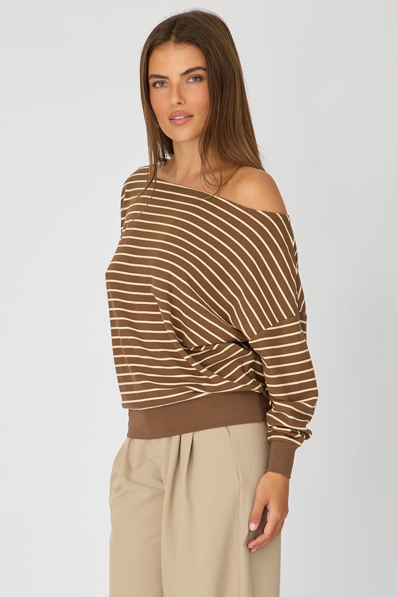 Brown Stripe Off Shoulder Long Sleeve Top for Ally Fashion
