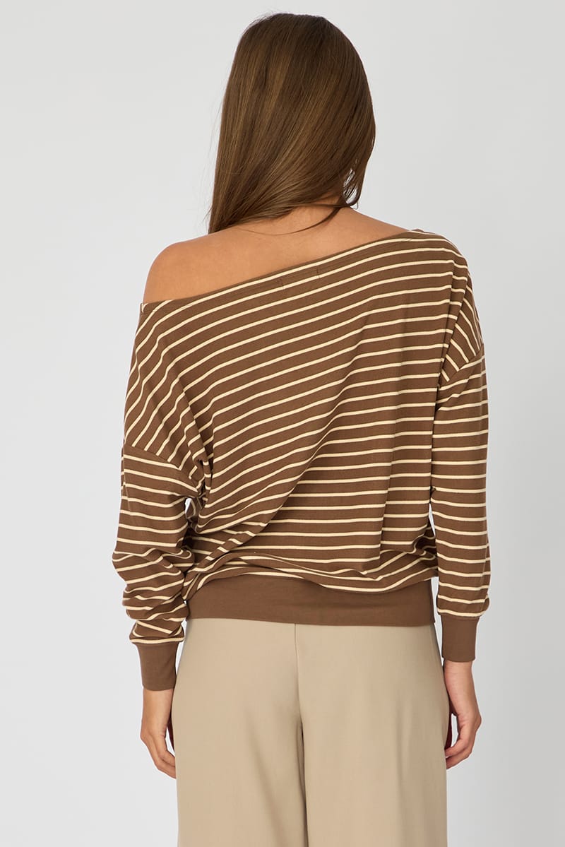 Brown Stripe Off Shoulder Long Sleeve Top for Ally Fashion