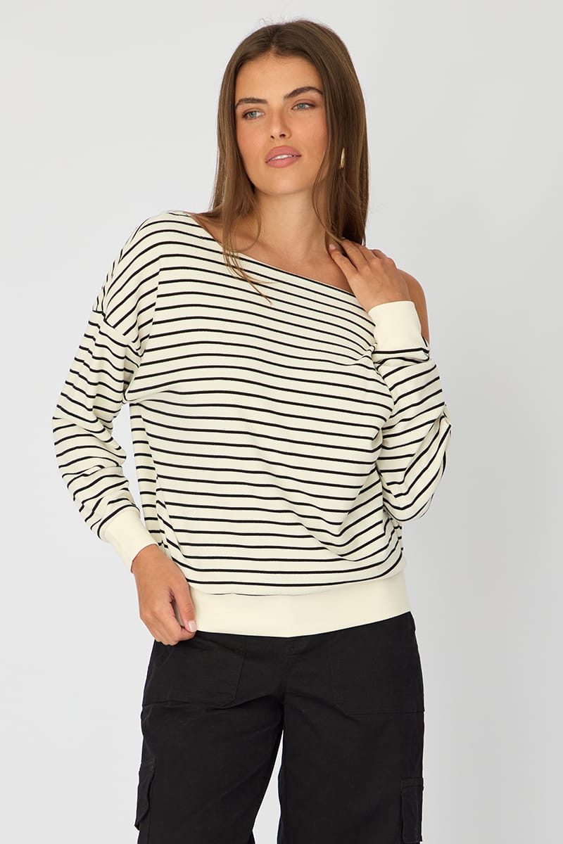 White Stripe Off Shoulder Top Long Sleeve for Ally Fashion