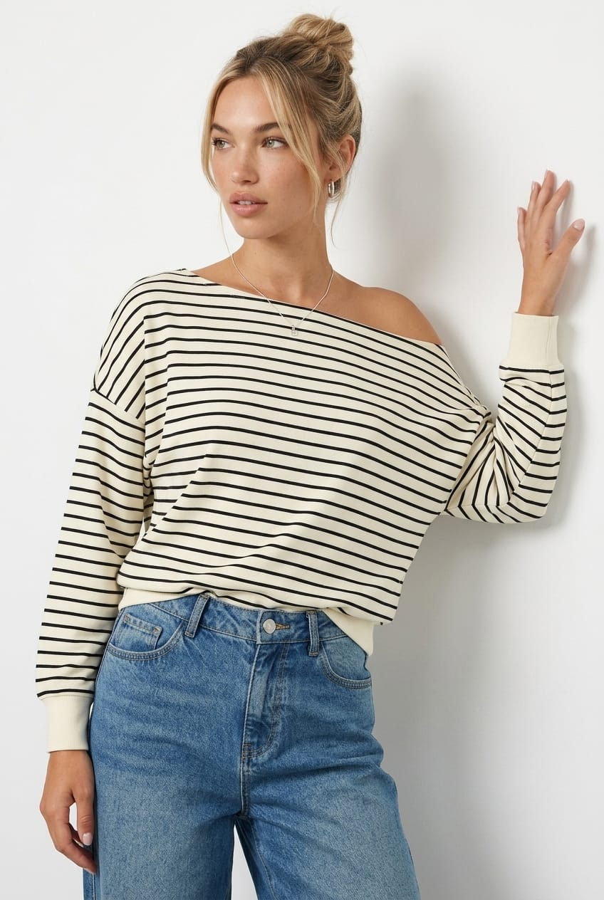 White Stripe Off Shoulder Top Long Sleeve for Ally Fashion
